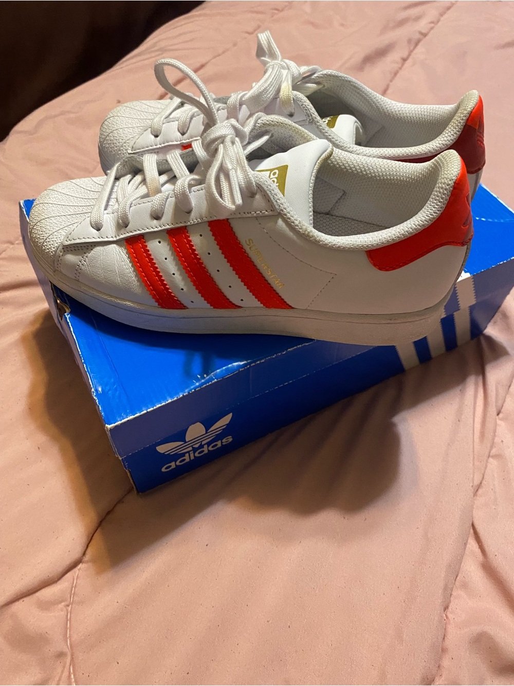adidas White Sneakers with orange Stripes and Heel Accents